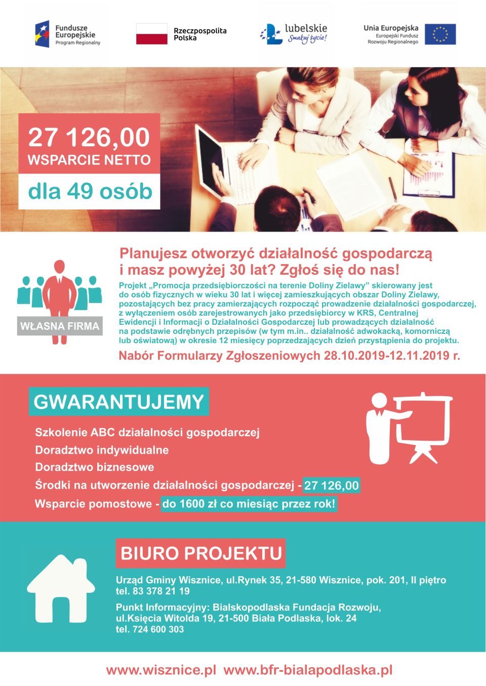 Plakat projektu „Promocja Przedsiębiorczości na terenie Doliny Zielawy”