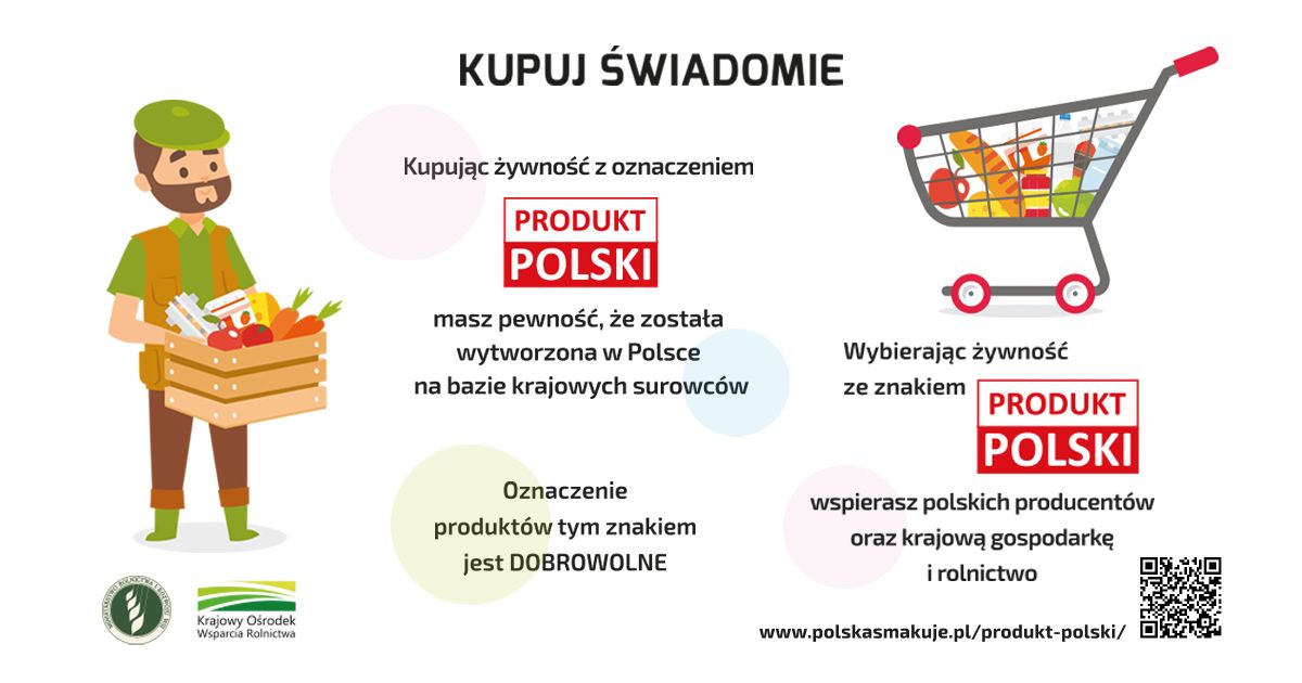 banner kampanii kupuj świadomie przedstawiający konsumenta podczas zakupów wybierającego produkt oznaczony logiem produkt polski