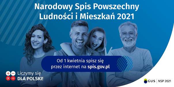 baner graficzny narodowego spisu ludności i mieszkań 2021 z hasłem od 1 kwietnia spisz się przez internet na spis.gov.pl